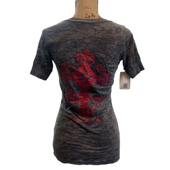 LAST ONE! Cowgirl Tuff‎ Gray Burn Out Victory Cross V Neck Western T Shirt NWT - Picture 2 of 10